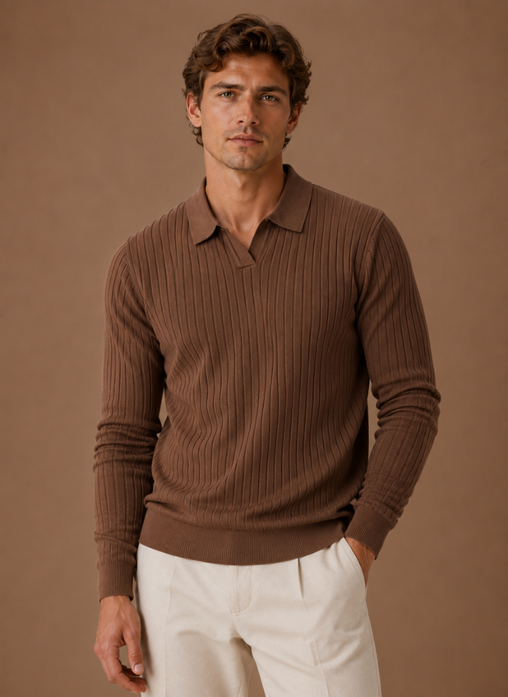 Men's Ribbed Knit Polo Sweater Smart Casual Pullover