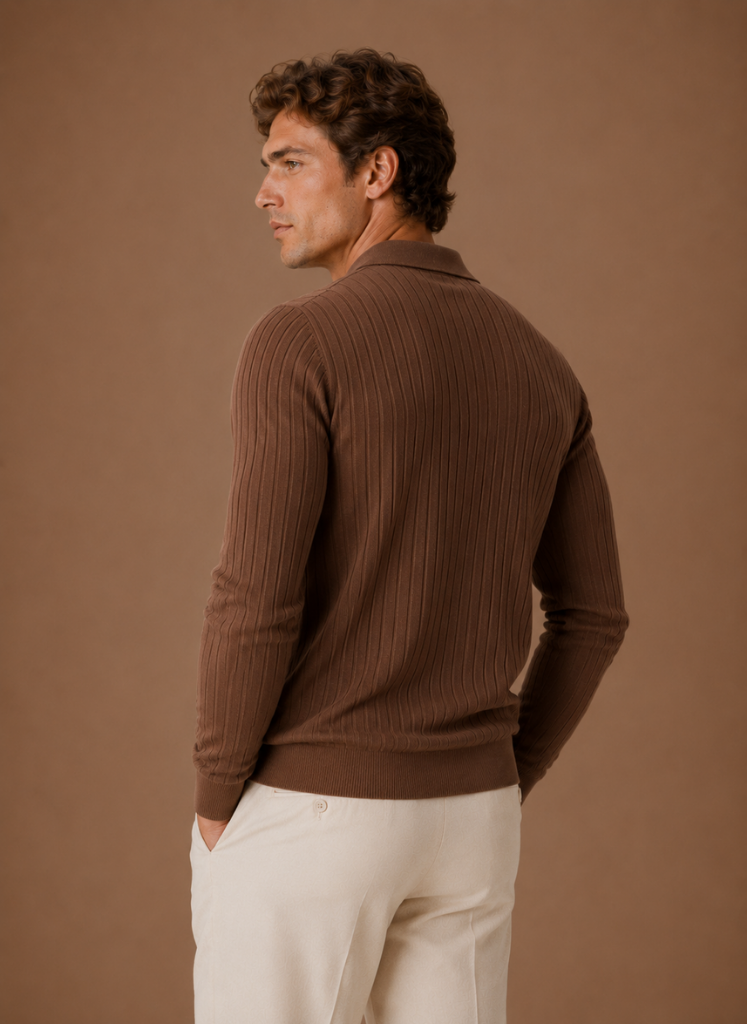 Men's Ribbed Knit Polo Sweater Smart Casual Pullover