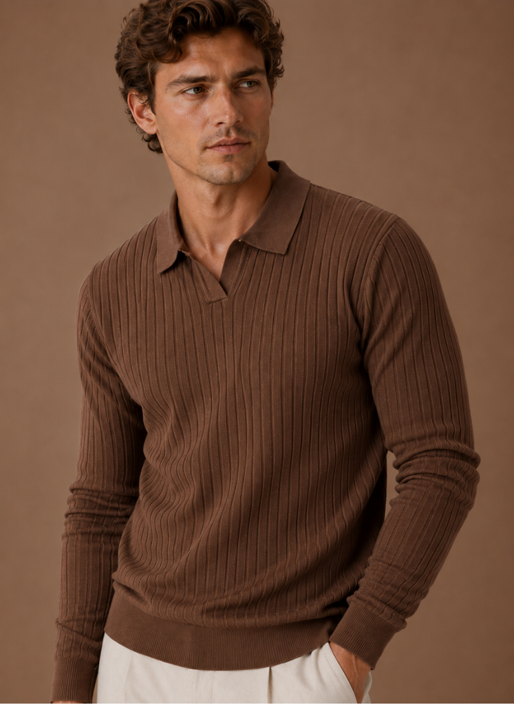 Men's Ribbed Knit Polo Sweater Smart Casual Pullover