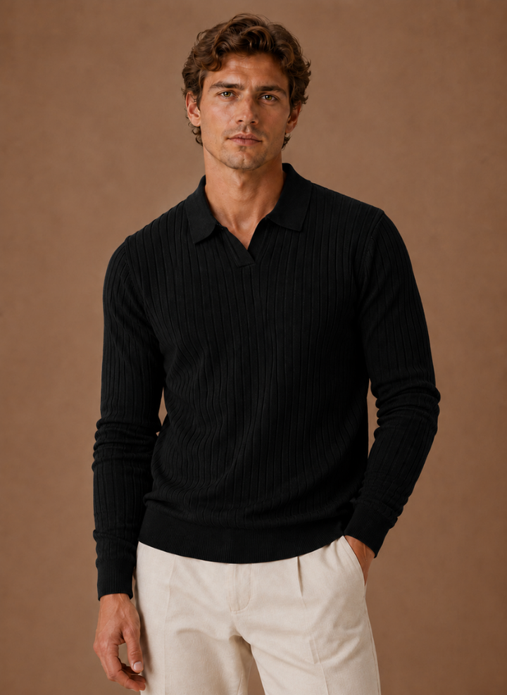 Men's Ribbed Knit Polo Sweater Smart Casual Pullover