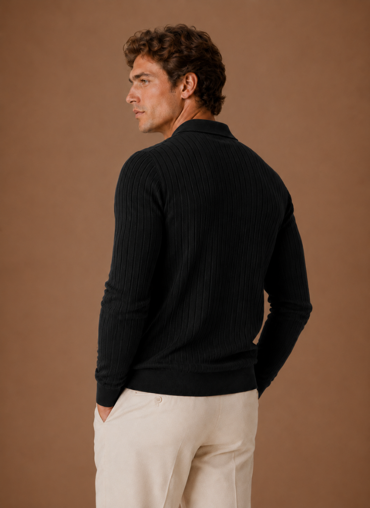 Men's Ribbed Knit Polo Sweater Smart Casual Pullover