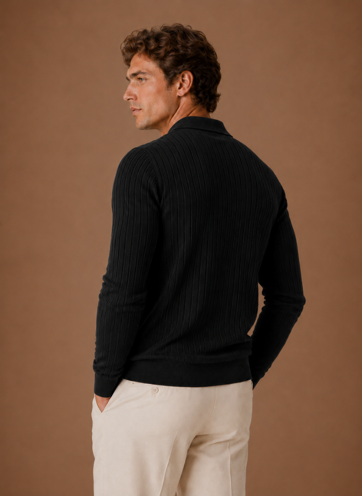 Men's Ribbed Knit Polo Sweater Smart Casual Pullover