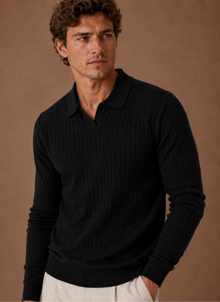 Men's Ribbed Knit Polo Sweater Smart Casual Pullover