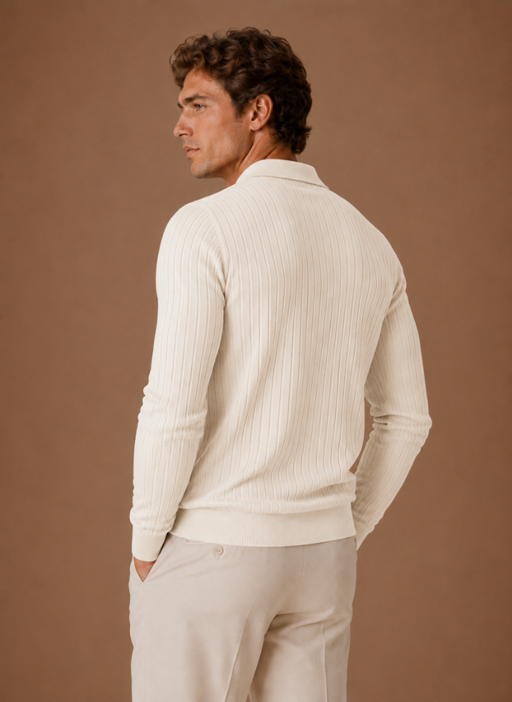 Men's Ribbed Knit Polo Sweater Smart Casual Pullover