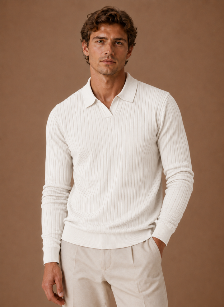 Men's Ribbed Knit Polo Sweater Smart Casual Pullover