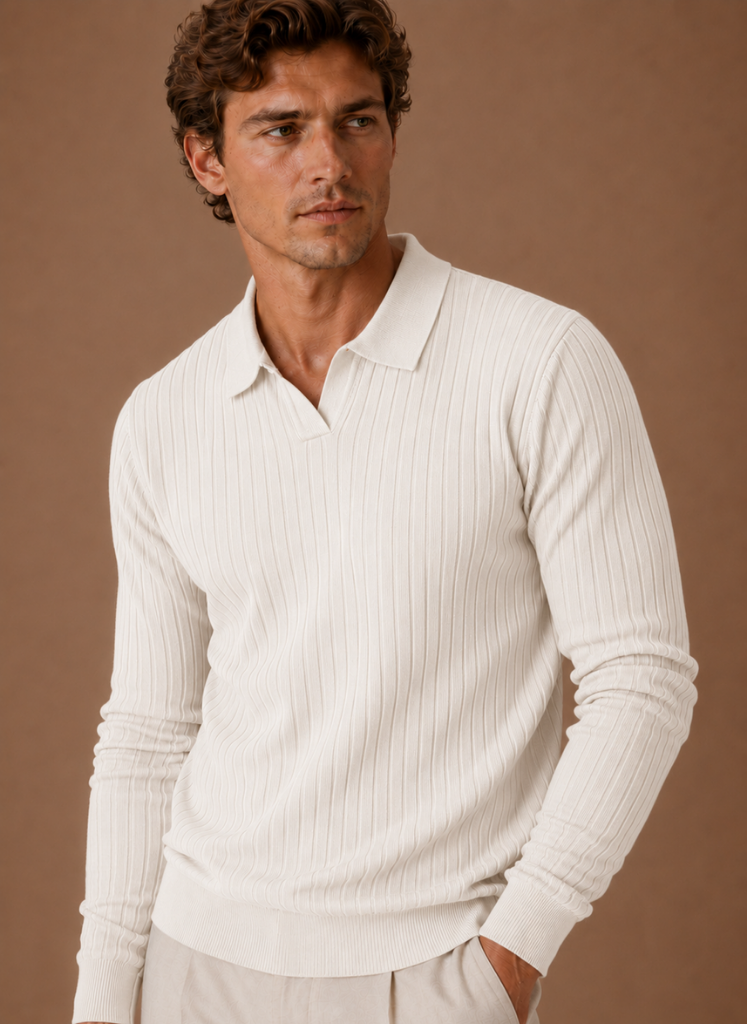 Men's Ribbed Knit Polo Sweater Smart Casual Pullover