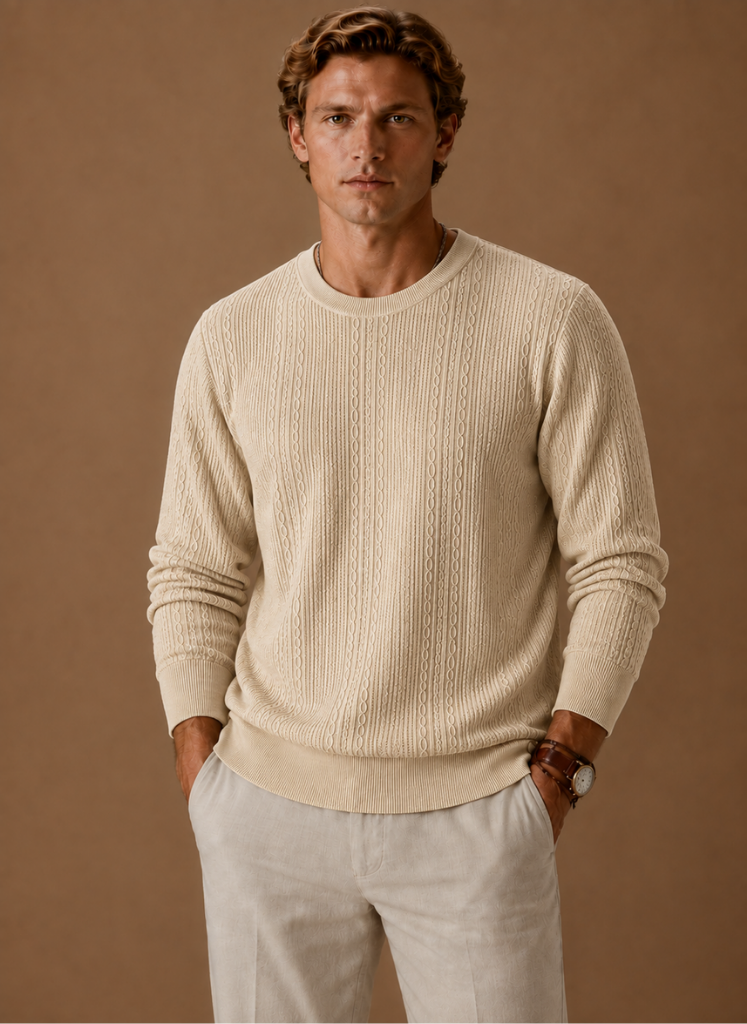Men's Cable Knit Sweater – Crew Neck Textured Pullover