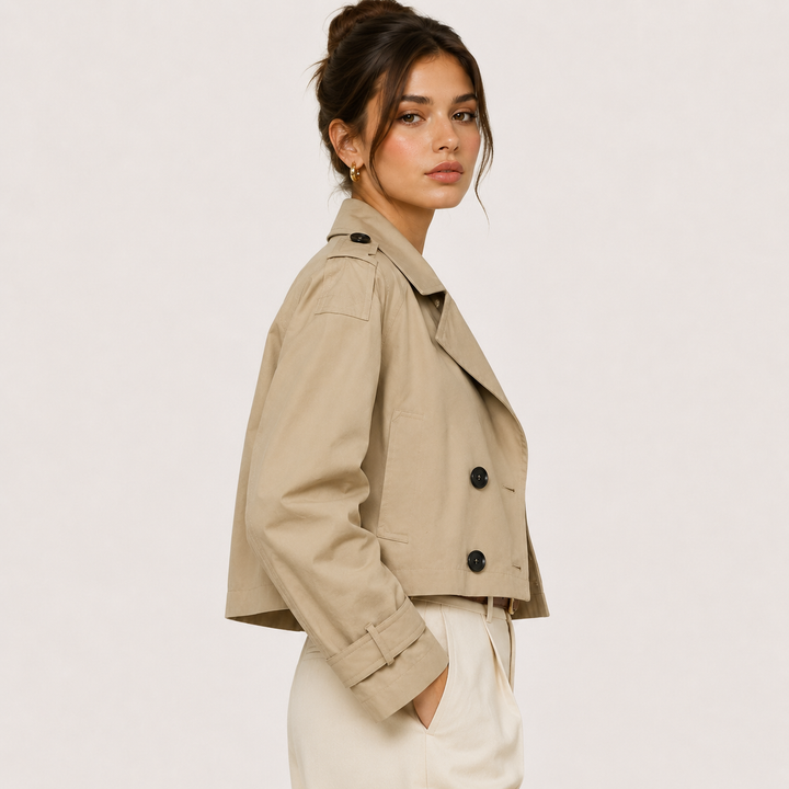 Women's Cropped Trench Jacket Double Breasted Classic Outerwear