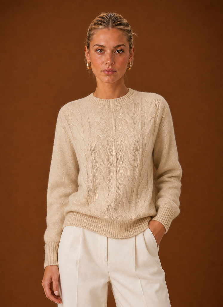 Women's Cable Knit Sweater - Crew Neck Knit Pullover