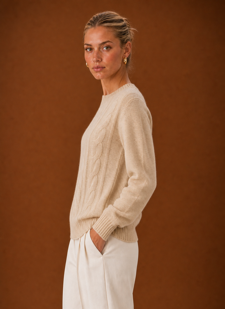 Women's Cable Knit Sweater - Crew Neck Knit Pullover