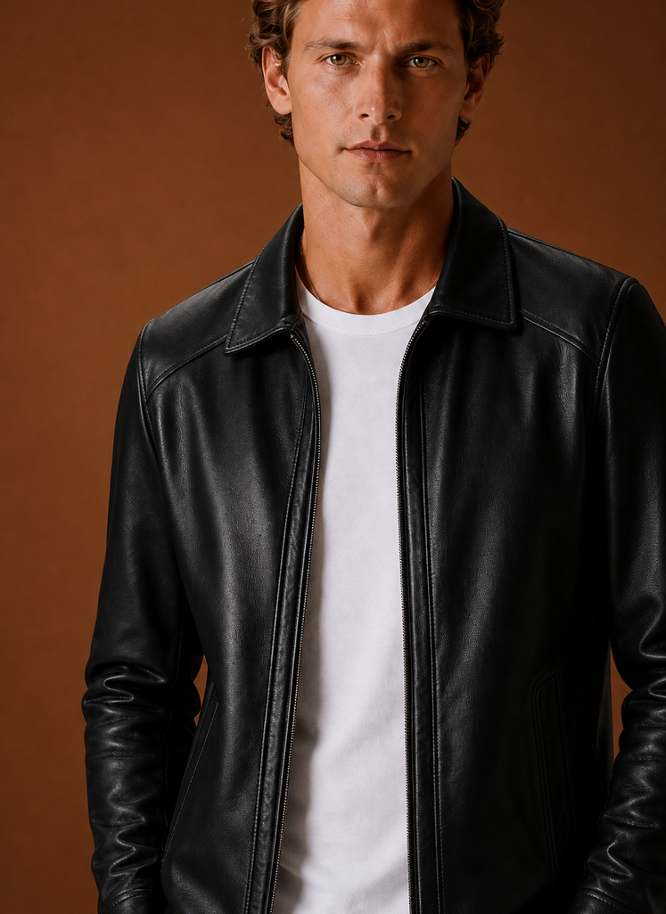 Men's Leather Look Jacket Classic Zip Jacket
