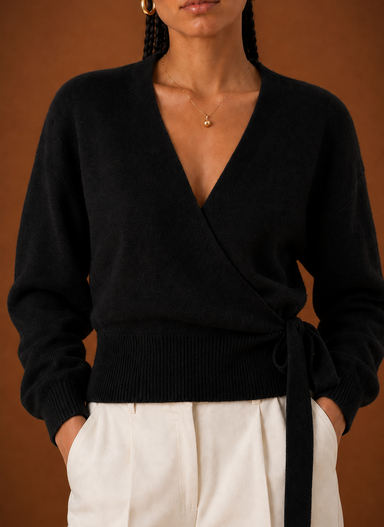 Women's Wrap Sweater - Tie Waist Cropped V-Neck Top