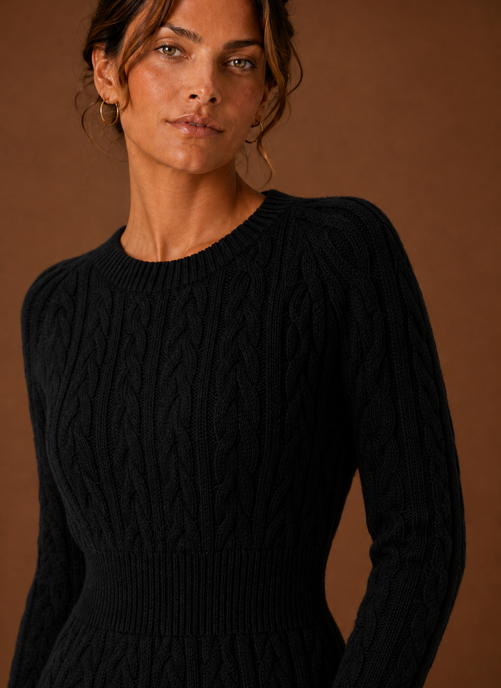 Women's Cable Knit Sweater Dress - Long Sleeve Mini Dress