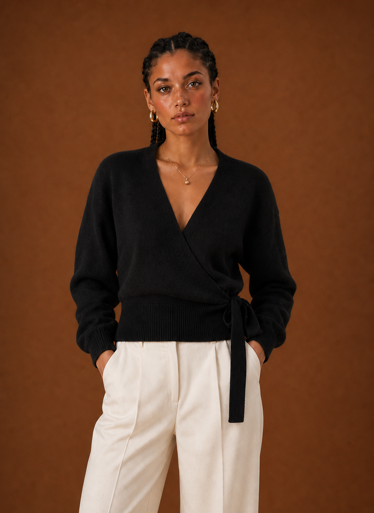 Women's Wrap Sweater - Tie Waist Cropped V-Neck Top