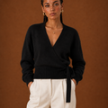 Women's Wrap Sweater - Tie Waist Cropped V-Neck Top
