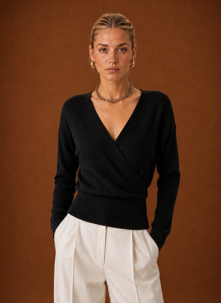 Women's Wrap Sweater - Ribbed Knit V-Neck Cropped Top
