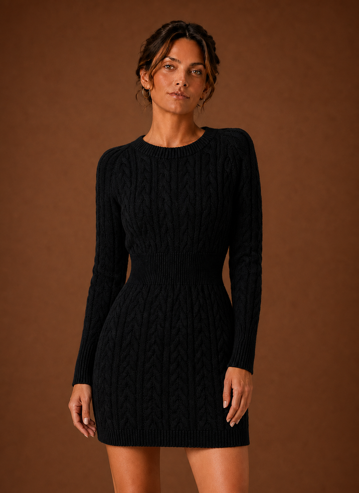 Women's Cable Knit Sweater Dress - Long Sleeve Mini Dress