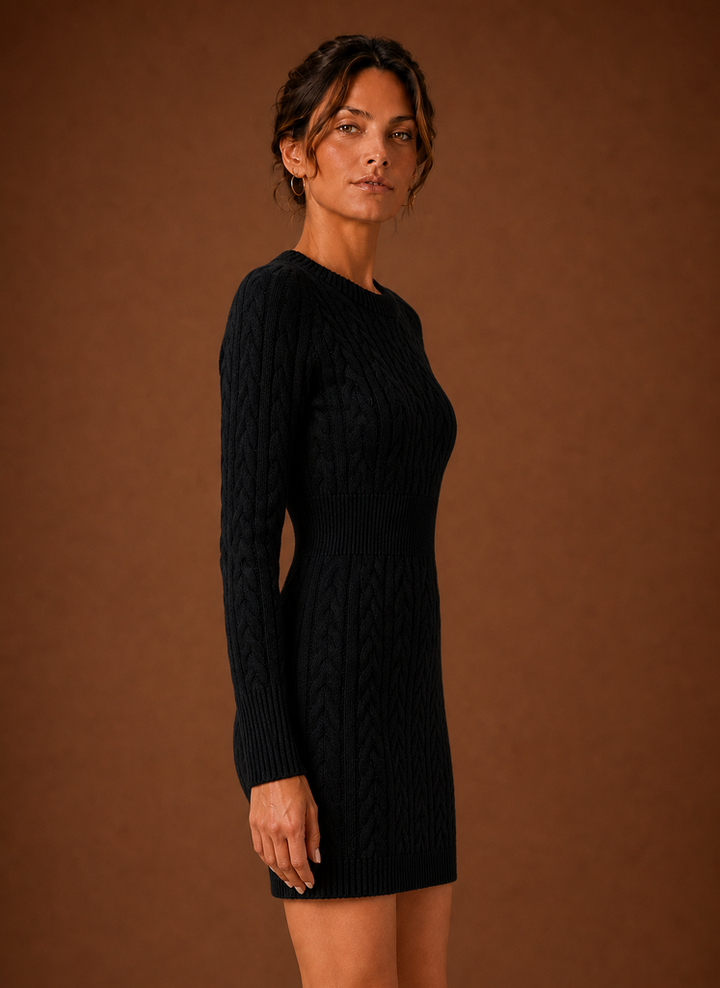 Women's Cable Knit Sweater Dress - Long Sleeve Mini Dress