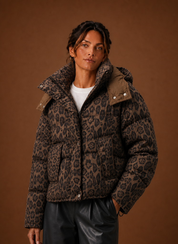Women's Puffer Jacket - Leopard Print Quilted Winter Coat