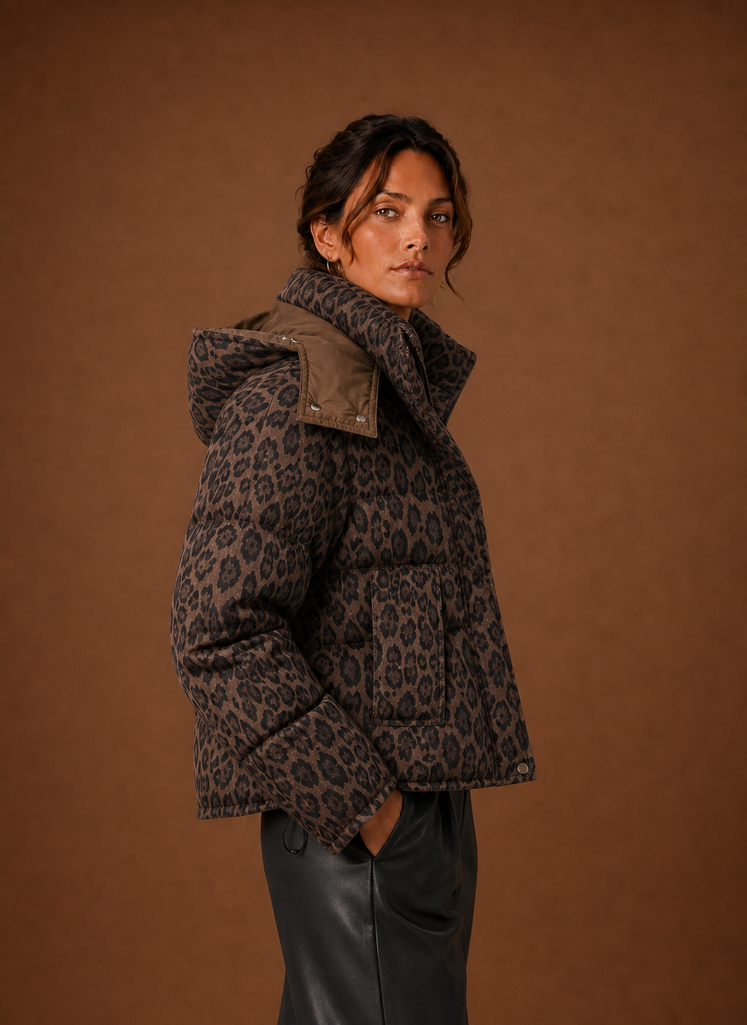 Women's Puffer Jacket - Leopard Print Quilted Winter Coat