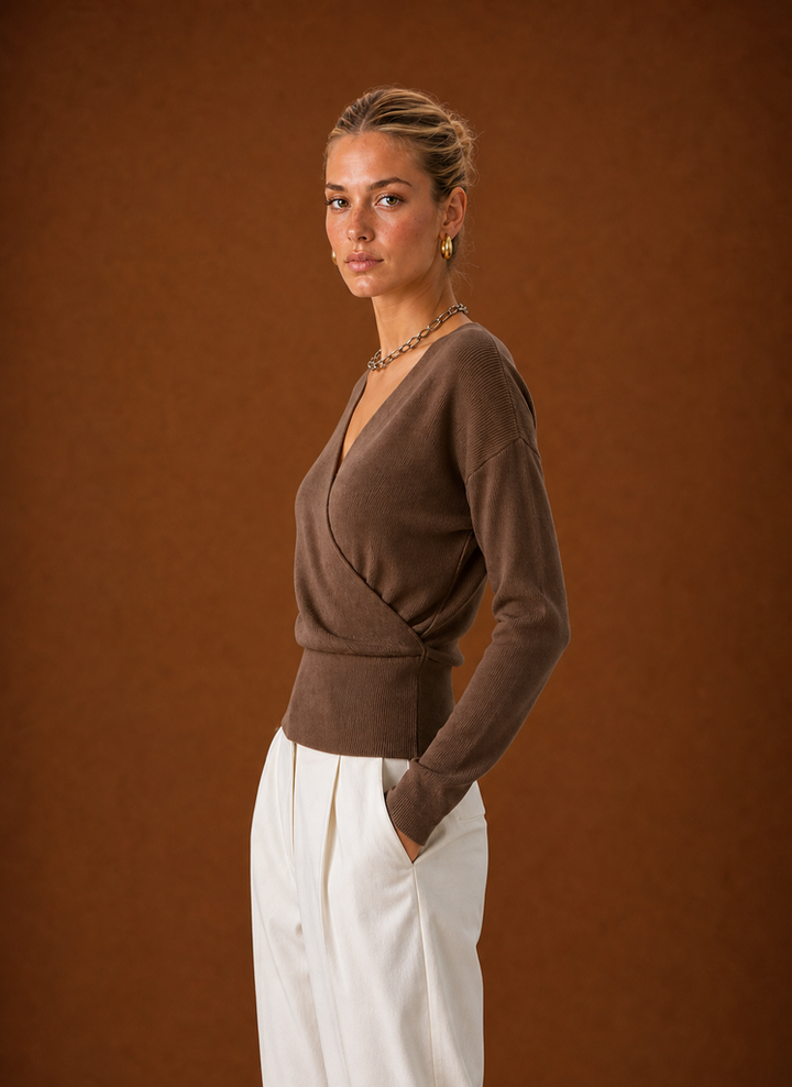 Women's Wrap Sweater - Ribbed Knit V-Neck Cropped Top