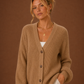 Women's V-Neck Knit Cardigan - Button Front Long Sleeve Sweater