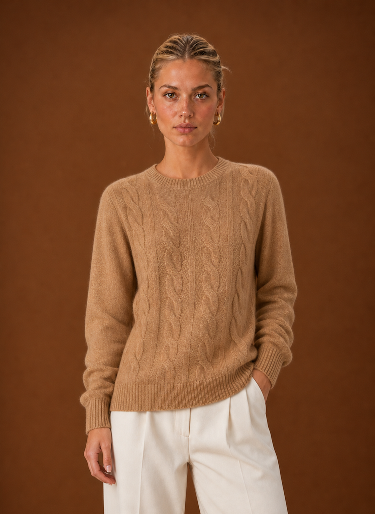 Women's Cable Knit Sweater - Crew Neck Knit Pullover