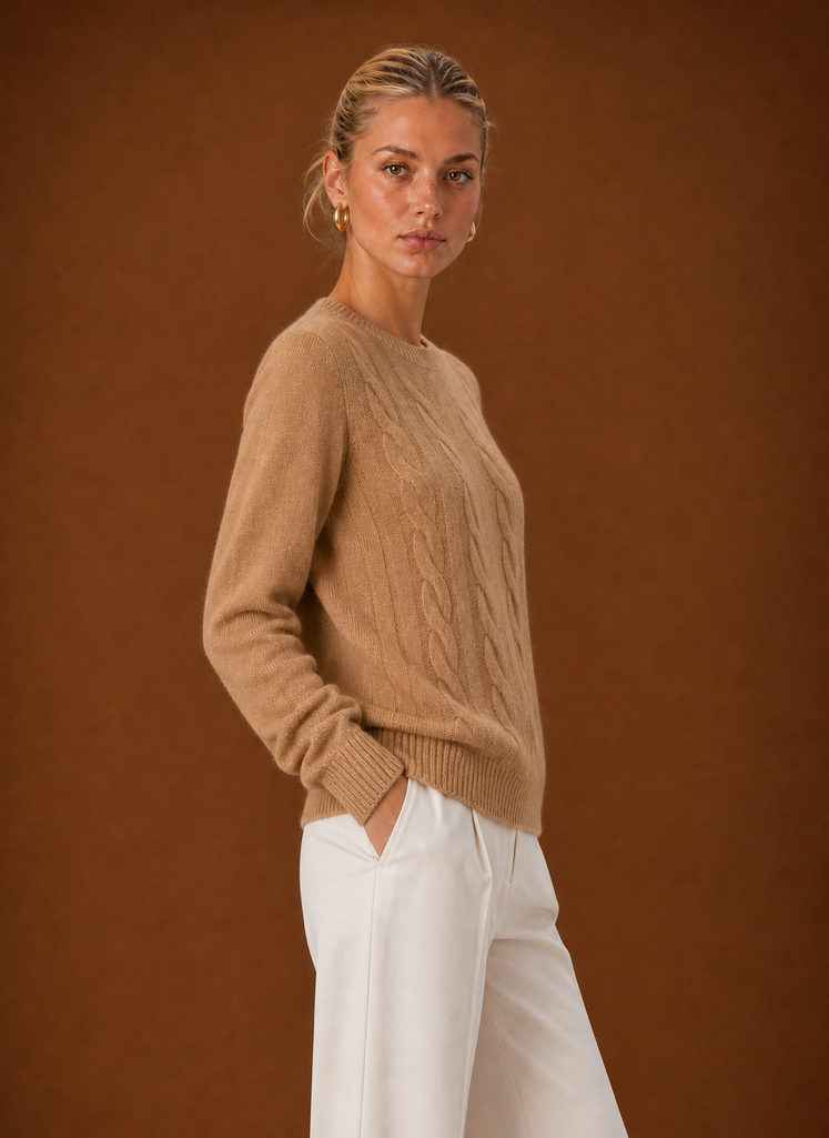 Women's Cable Knit Sweater - Crew Neck Knit Pullover