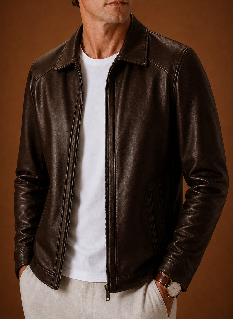 Men's Leather Look Jacket Classic Zip Jacket