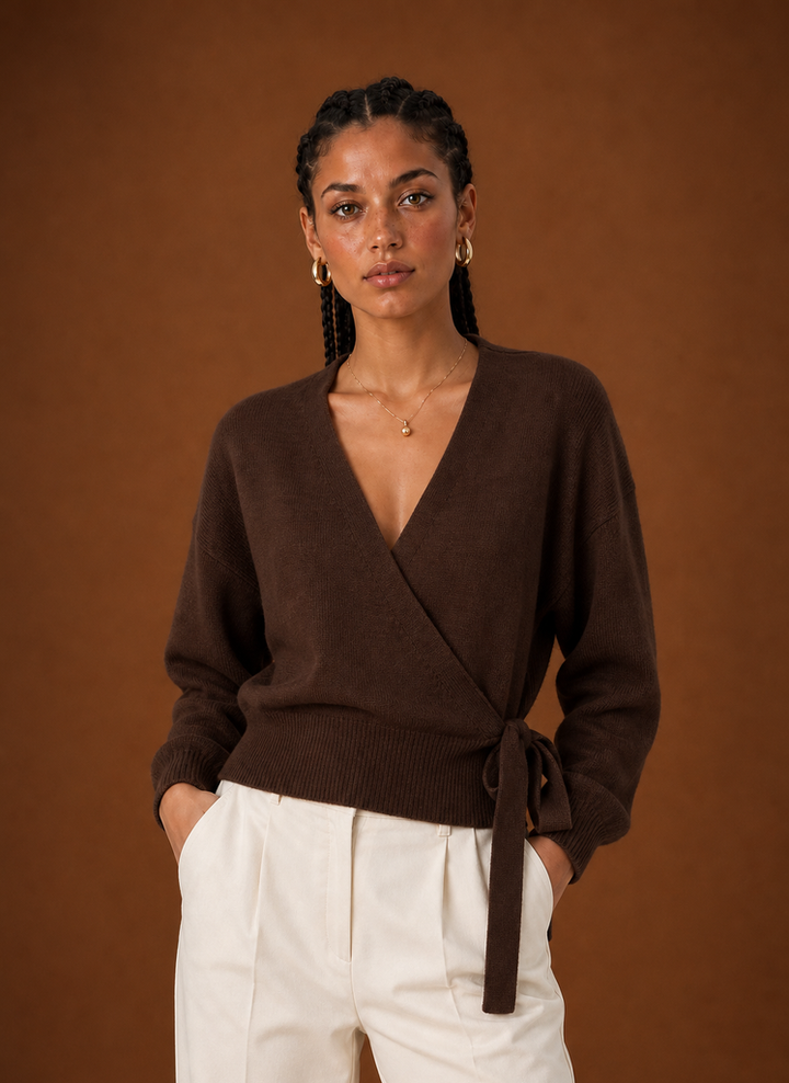 Women's Wrap Sweater - Tie Waist Cropped V-Neck Top