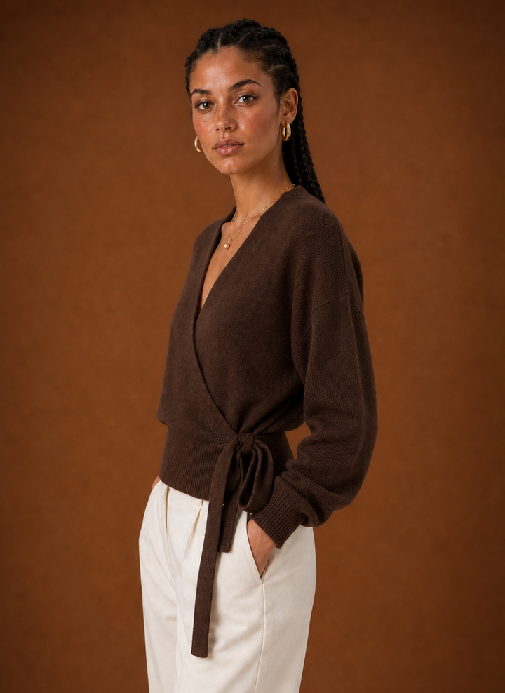 Women's Wrap Sweater - Tie Waist Cropped V-Neck Top