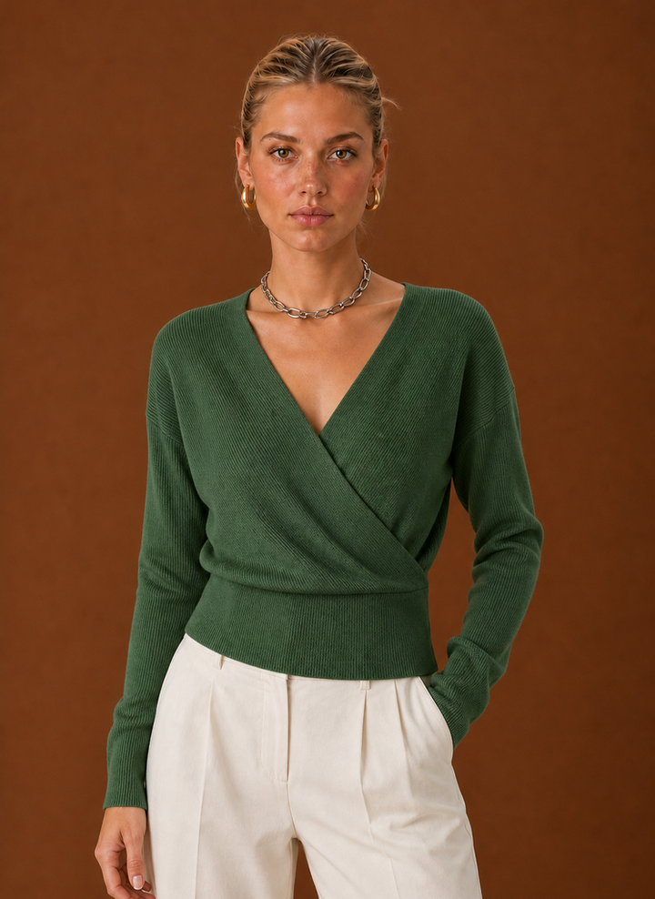 Women's Wrap Sweater - Ribbed Knit V-Neck Cropped Top