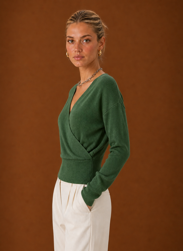 Women's Wrap Sweater - Ribbed Knit V-Neck Cropped Top