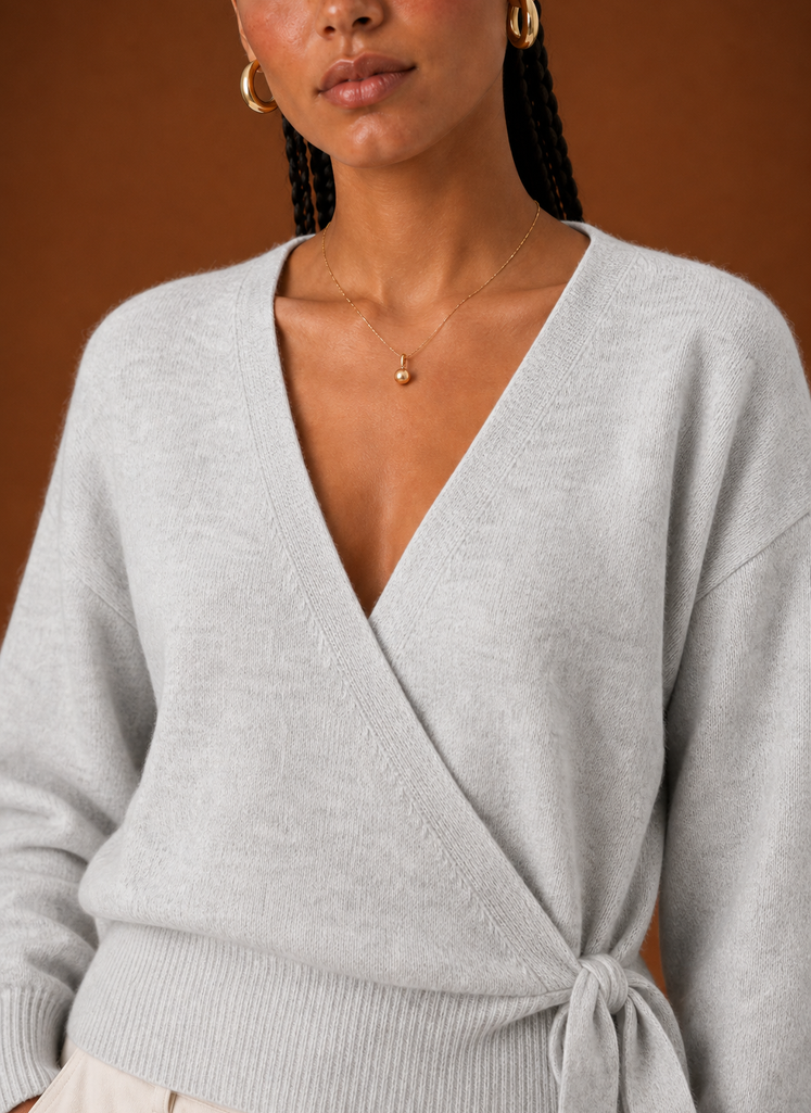 Women's Wrap Sweater - Tie Waist Cropped V-Neck Top