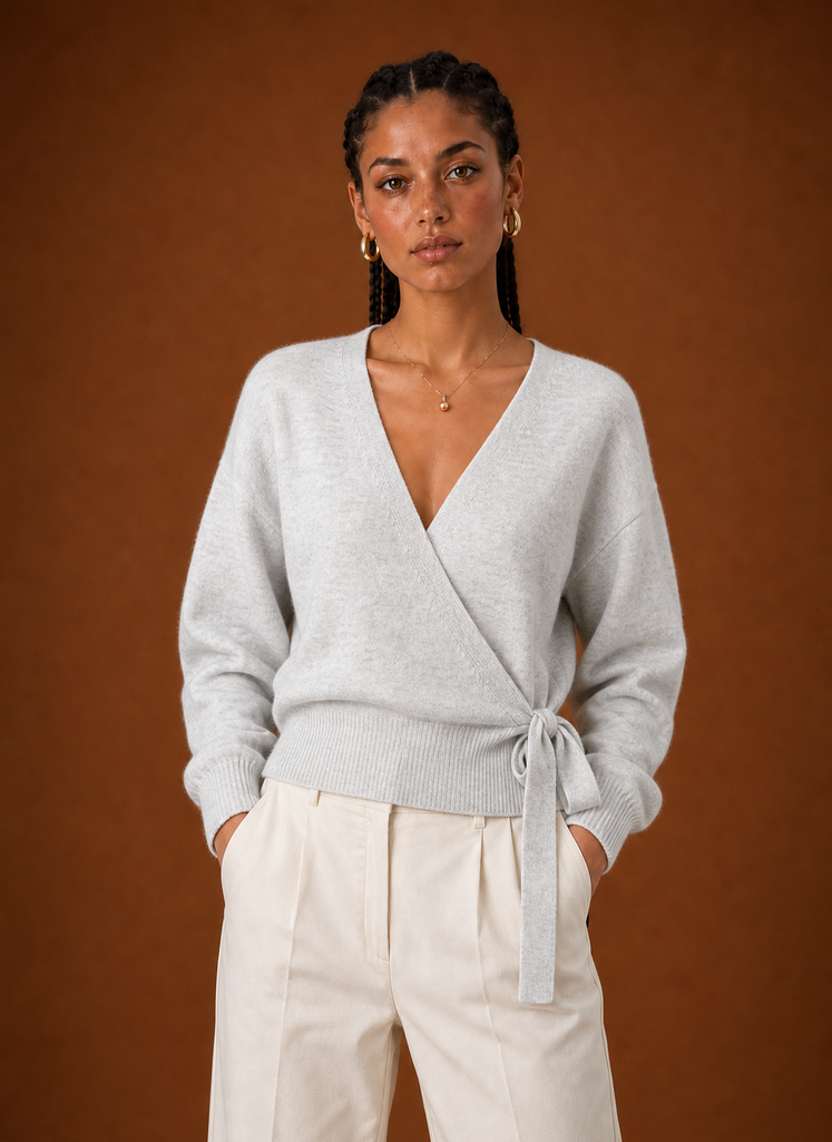 Women's Wrap Sweater - Tie Waist Cropped V-Neck Top