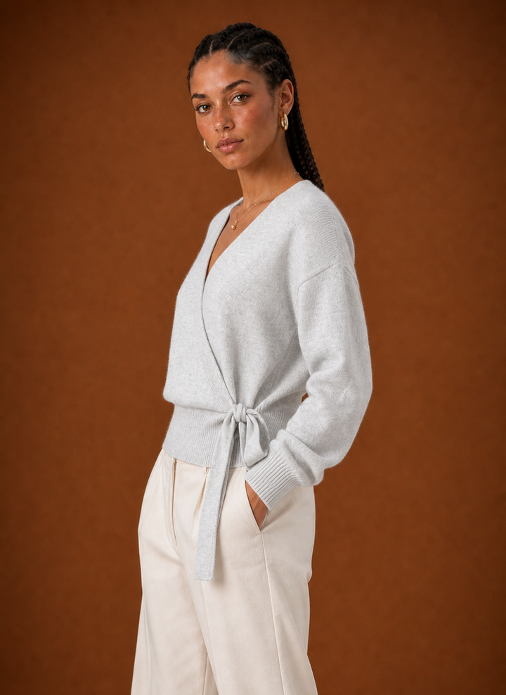 Women's Wrap Sweater - Tie Waist Cropped V-Neck Top