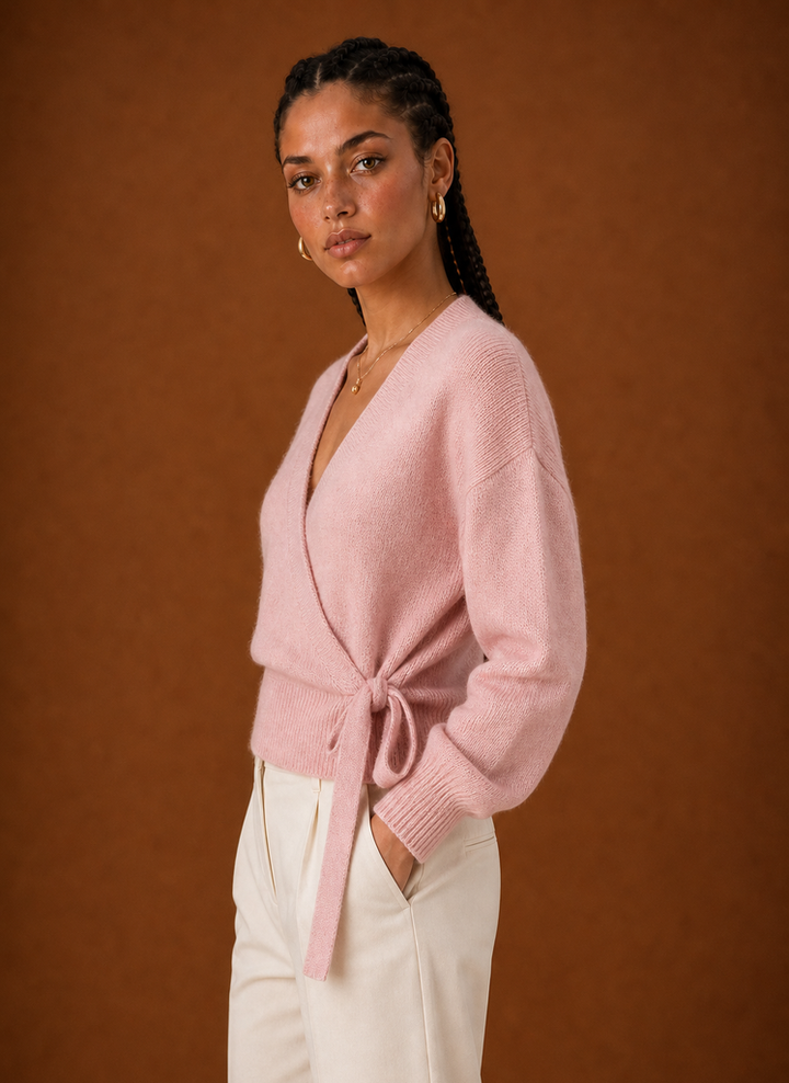 Women's Wrap Sweater - Tie Waist Cropped V-Neck Top
