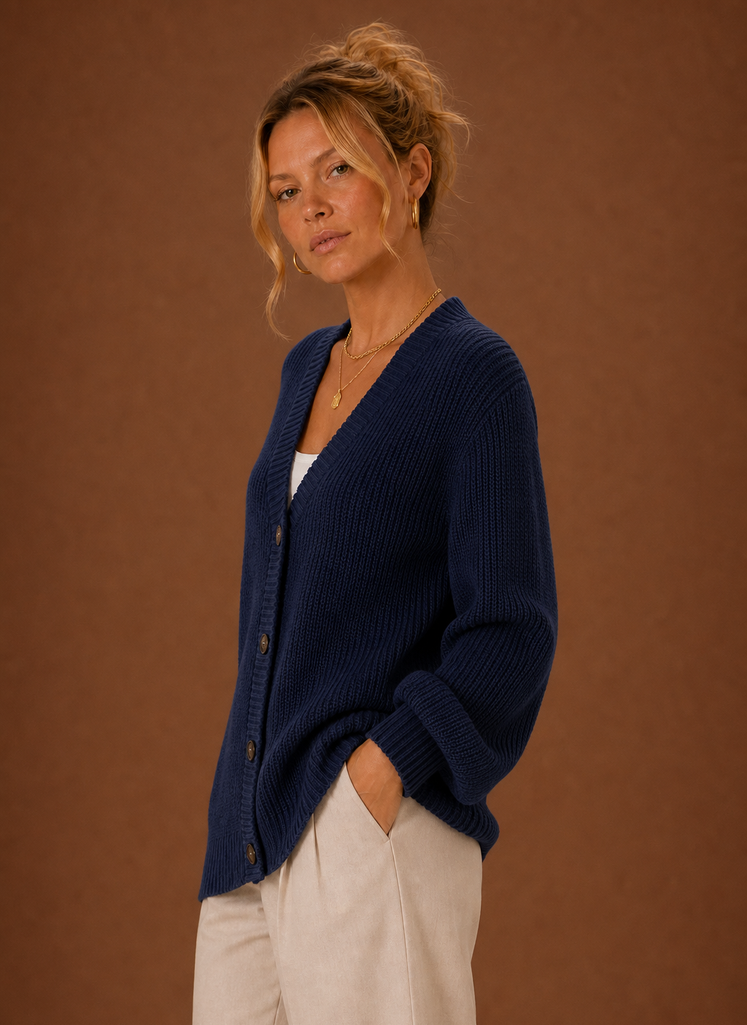 Women's V-Neck Knit Cardigan - Button Front Long Sleeve Sweater
