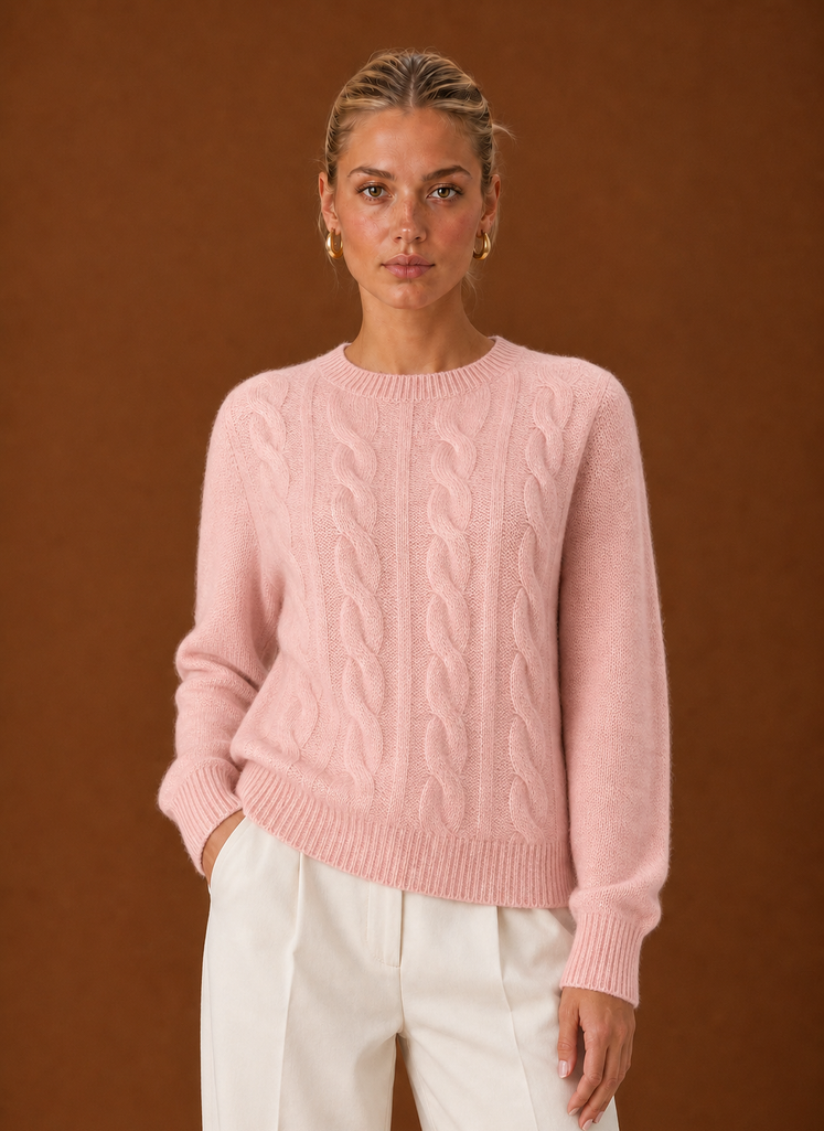 Women's Cable Knit Sweater - Crew Neck Knit Pullover