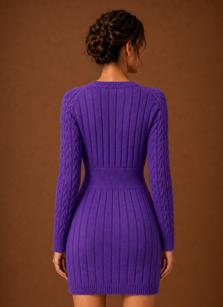 Women's Cable Knit Sweater Dress - Long Sleeve Mini Dress