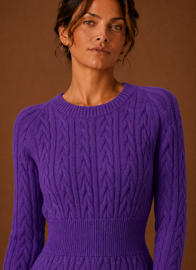 Women's Cable Knit Sweater Dress - Long Sleeve Mini Dress