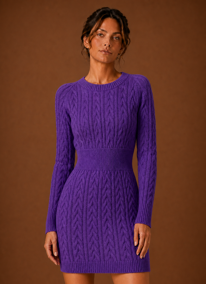 Women's Cable Knit Sweater Dress - Long Sleeve Mini Dress