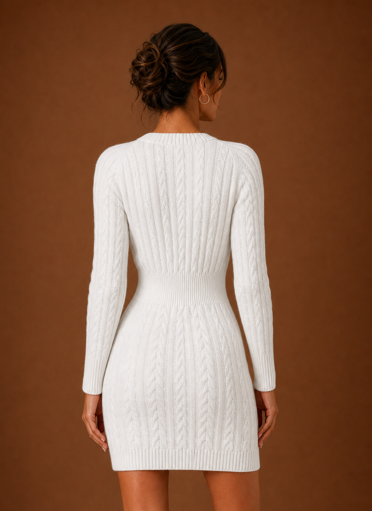Women's Cable Knit Sweater Dress - Long Sleeve Mini Dress