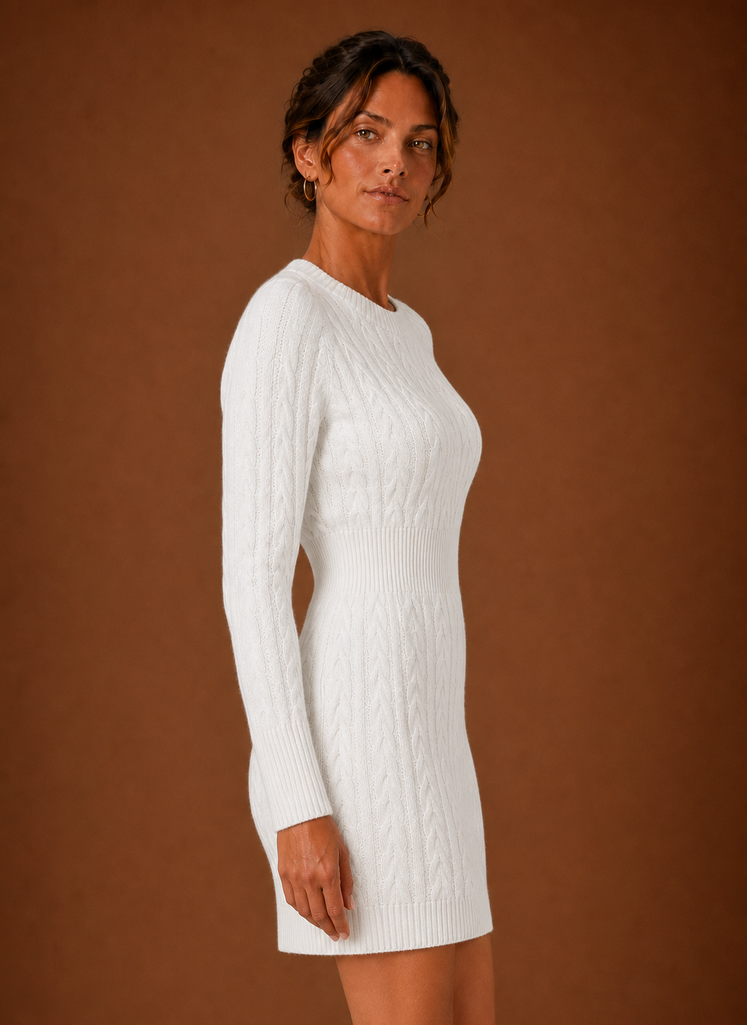 Women's Cable Knit Sweater Dress - Long Sleeve Mini Dress