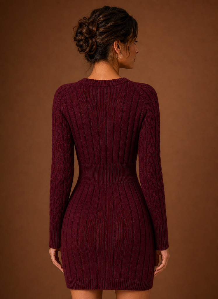 Women's Cable Knit Sweater Dress - Long Sleeve Mini Dress