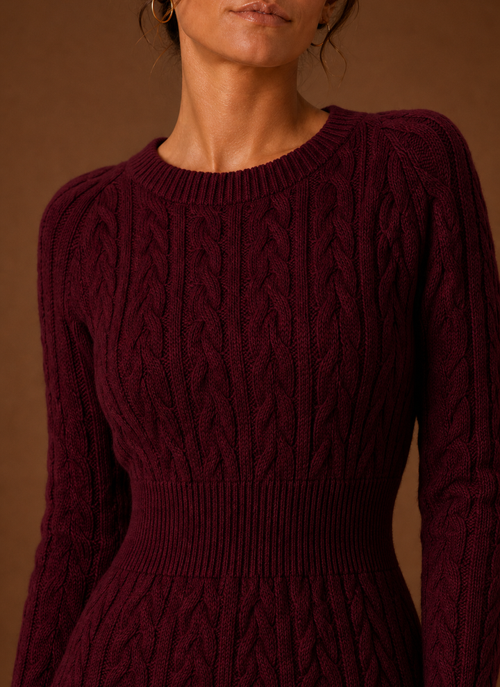 Women's Cable Knit Sweater Dress - Long Sleeve Mini Dress