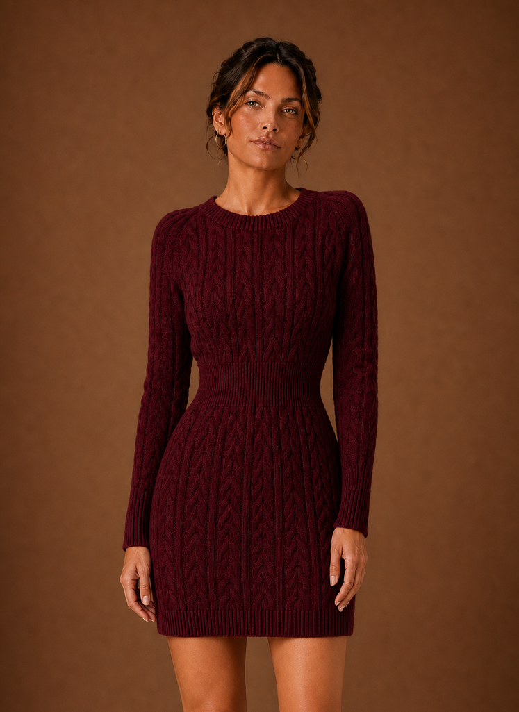 Women's Cable Knit Sweater Dress - Long Sleeve Mini Dress
