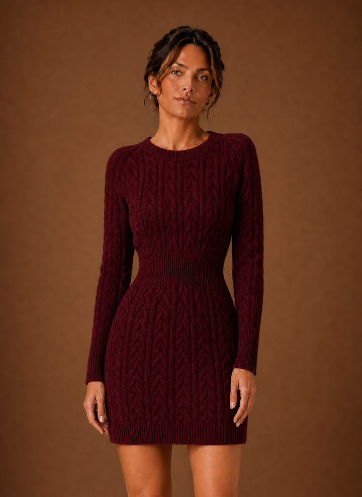 Women's Cable Knit Sweater Dress - Long Sleeve Mini Dress