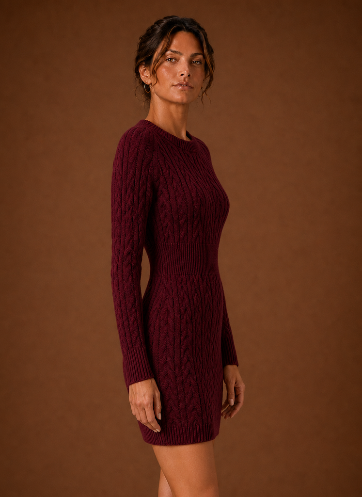 Women's Cable Knit Sweater Dress - Long Sleeve Mini Dress